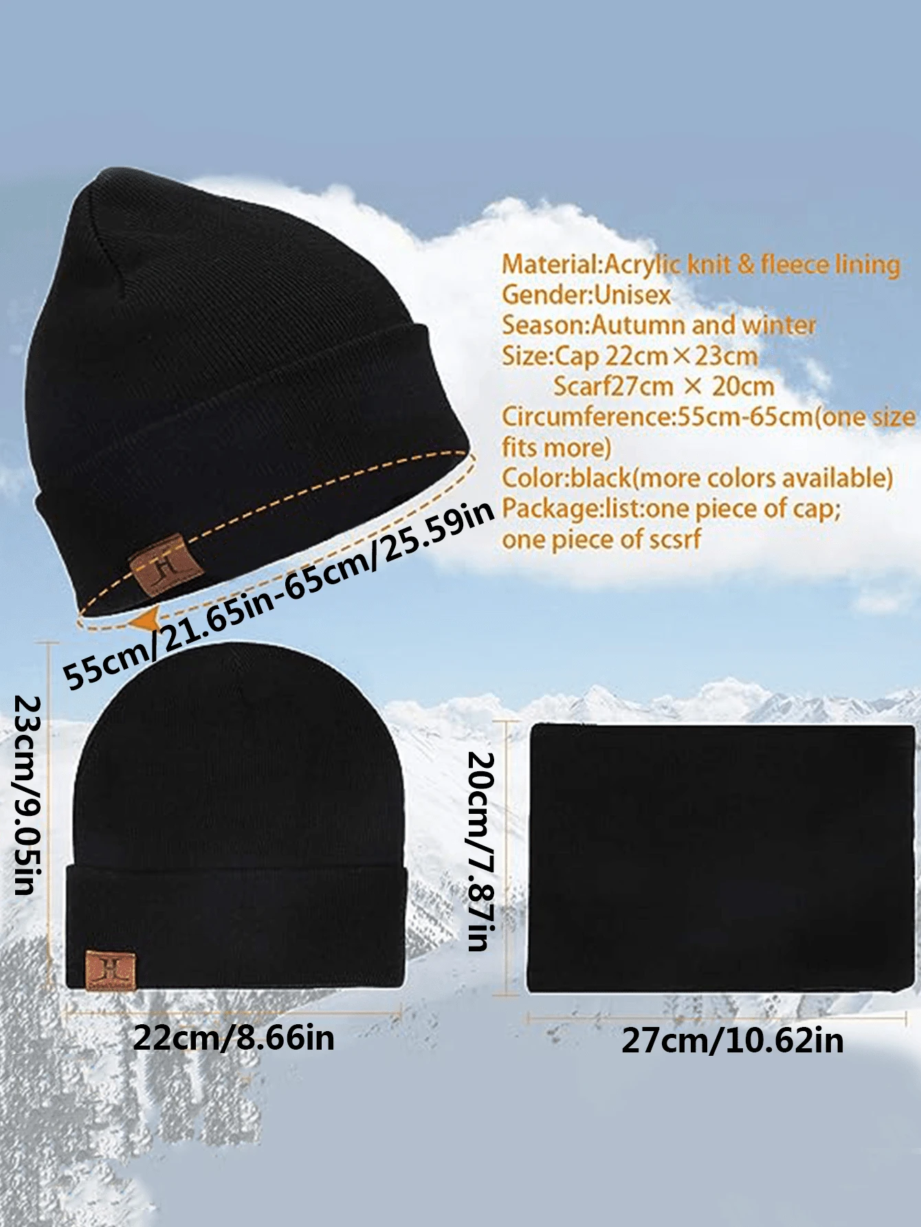3Piece Winter Black Hat, Scarf, Touchscreen Gloves, Men's And Women's