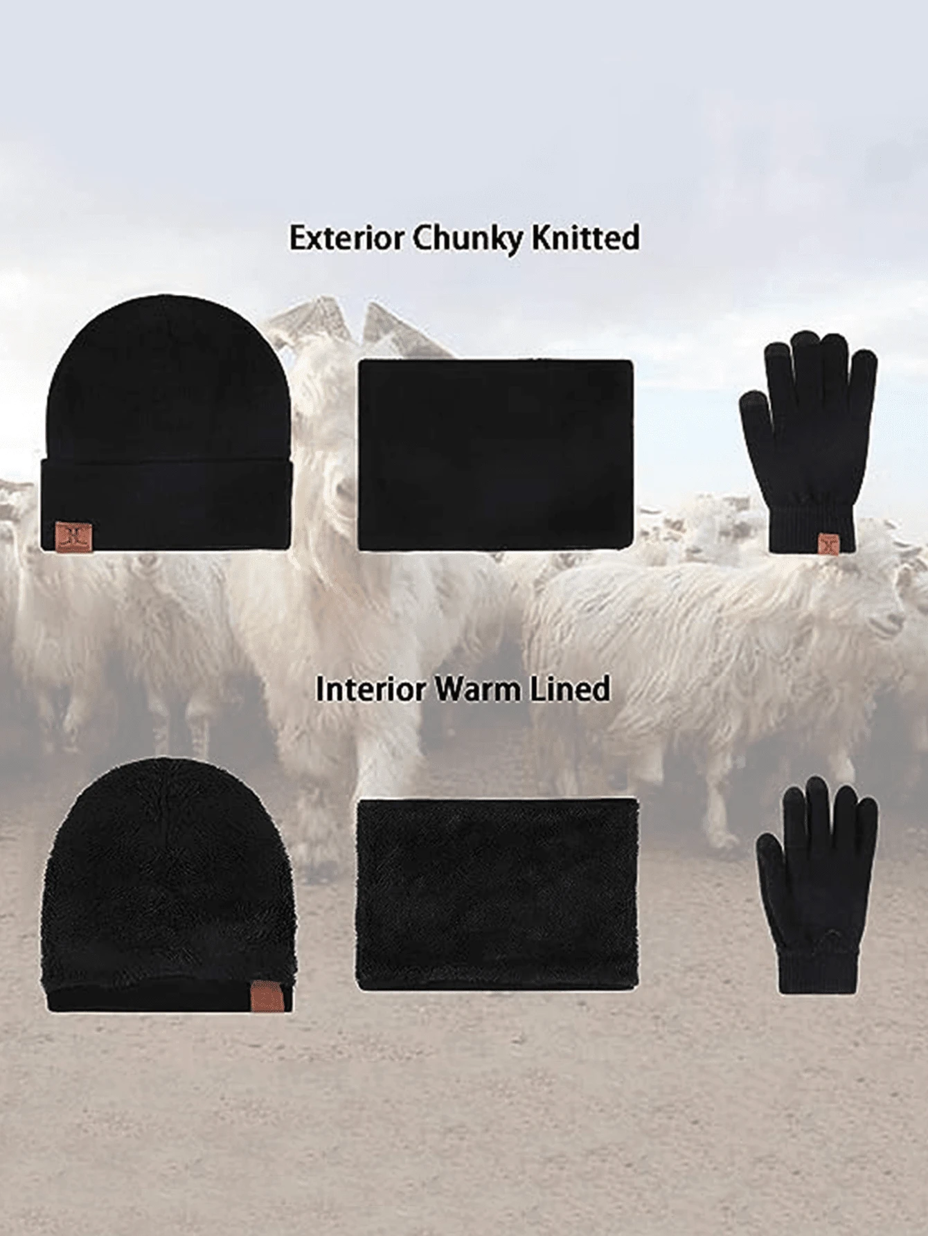 3Piece Winter Black Hat, Scarf, Touchscreen Gloves, Men's And Women's