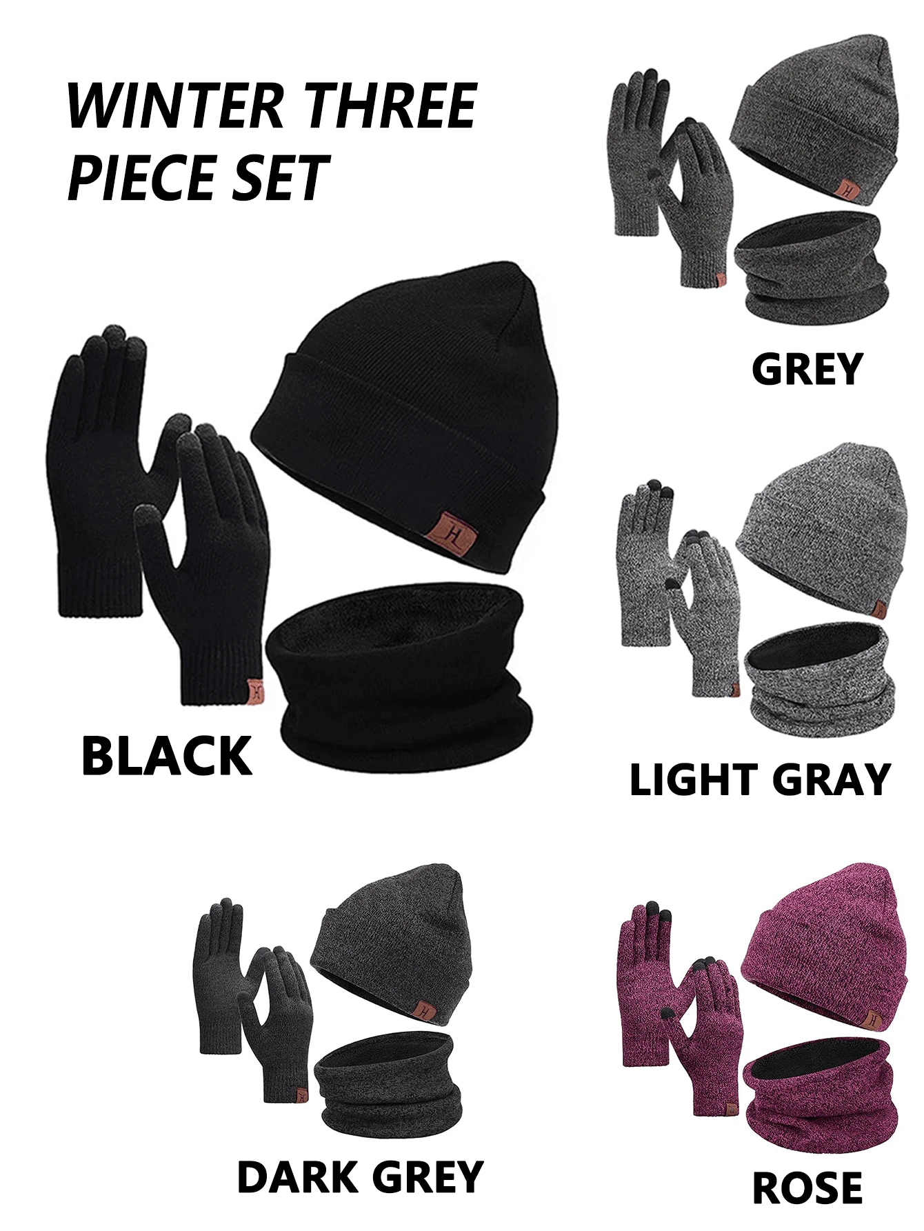 3Piece Winter Black Hat, Scarf, Touchscreen Gloves, Men's And Women's