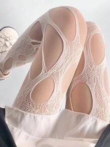 1pc Women's Regular Fit White Asymmetrical Ripped Fishnet Stockings, Suitable For All Seasons And Outfits