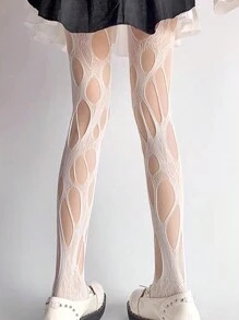 1pc Women's Regular Fit White Asymmetrical Ripped Fishnet Stockings, Suitable For All Seasons And Outfits
