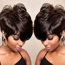 Pixie Cut Bob Wig Layered Short Wavy With Bangs Beginner Friendly Short Pixie Wig Human Hair Brown Color Remy Hair Full Machine Made Wig - S4 - View 1