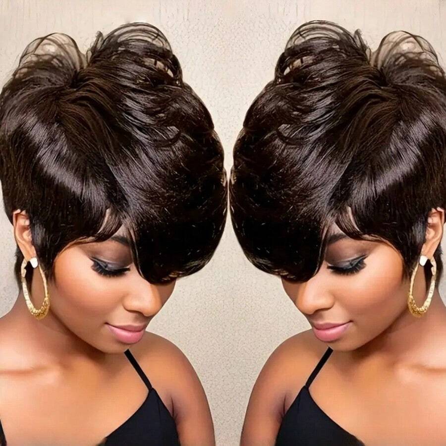 Pixie Cut Bob Wig Layered Short Wavy With Bangs Beginner Friendly Short Pixie Wig Human Hair Brown Color Remy Hair Full Machine Made Wig - S4 - View 1