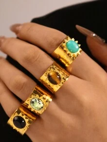 1 件优雅可调节不锈钢水钻镶嵌 18K 金戒指，精美珠宝礼物，适合女性、派对、万圣节 - 彩色 - 查看 5