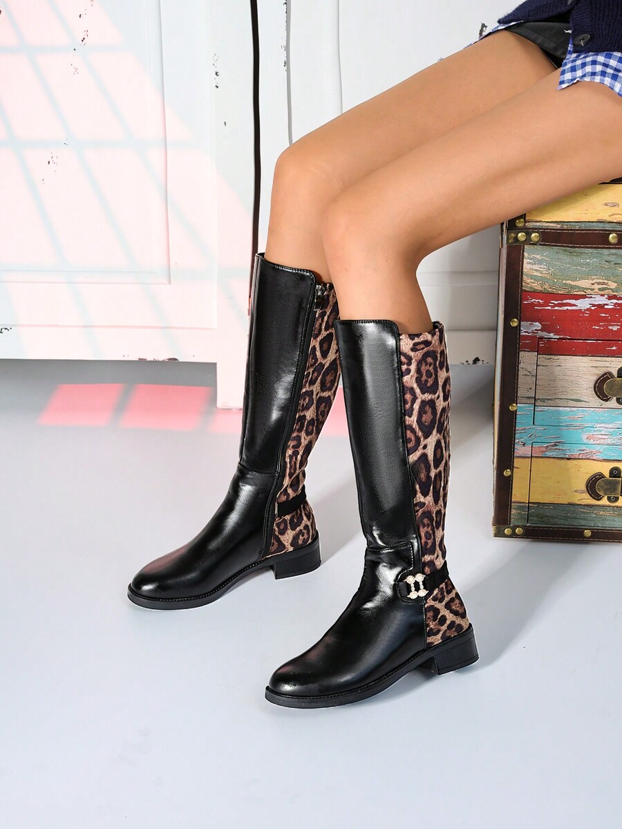 Women's Leopard Printed British Style Patchwork MidCalf Riding Boots