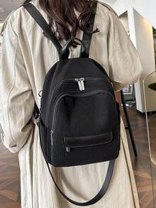 女士休闲多拉链袋灯芯绒背包，两种携带方式，方便工作、购物和旅行 - 黑色 - 查看 2