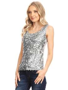 Womens Sequin Metallic Sparkly Cocktail Party Sleeveless Tank Top - 銀色 - 查看 2