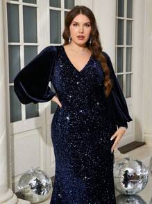 UNITHORSE Plus Size V-Neck Lantern Sleeve Gathered Waist Ruched Cross Corduroy Elegant Bodycon Dress, Long Sleeve Formal Evening Prom Dress, For Wedding Guest, Graduation, Dinner - 藏蓝色 - 查看 8