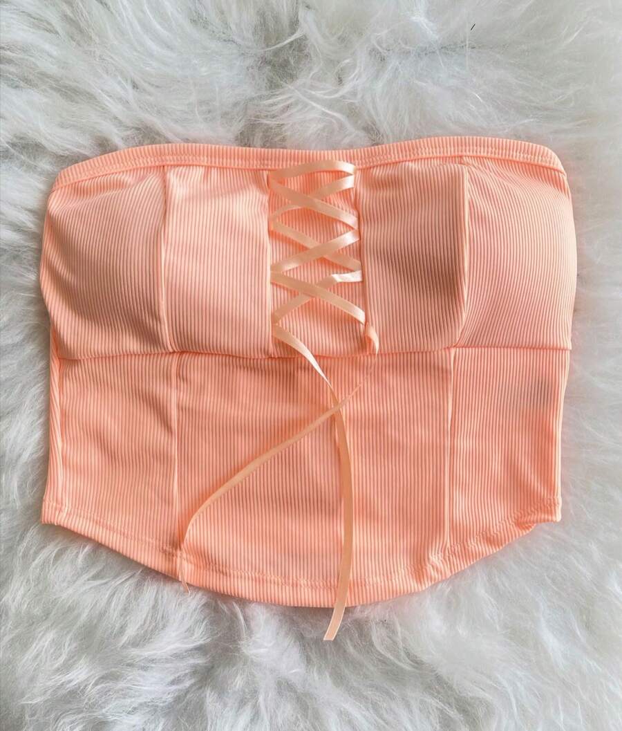 Strapless Crop Top With Satin Ribbon - Màu hồng gỉ - Xem 1