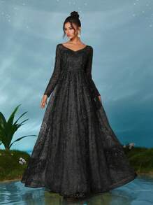 V 领长袖刺绣蕾丝透明天鹅绒腰连衣裙 - 黑色 - 查看 6