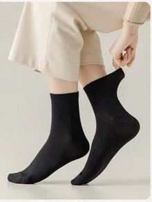 5 双女士中筒袜，专业运动中筒袜，运动袜，黑色袜子，纯色袜子，适合跑步运动的袜子，男女通用情侣袜 - 黑色 - 查看 2
