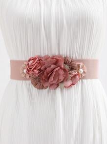 1pc Women Elastic Waist Belt With Faux Lace & Faux Pearl Flower Decor, Vacation Inspired Summer, School Fall, Autumn, Halloween