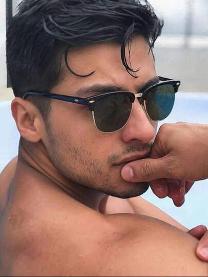 1 Pair Men's Simple Square Semi-Rimless Rivet Vintage Fashion Glasses, Suitable For Daily, Holiday Travel, Beach, Summer Accessories For Summer Beach Vacation,Outdoor,Travel