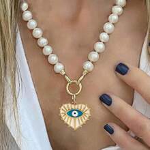 Funky Jewelry Luxury Chunky Gold Color Christ Glass Pearl Cross Charm Pendant Toggle Clasp Necklace Statement Gift Vintage Chain Jewelry ( Each Item Back Is Different )