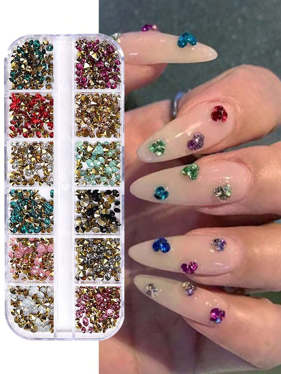 12格彩色美甲水鑽,粉色尖底圓珍珠,聖誕色透明水鑽美甲裝飾,DIY美甲用品,美甲寶石美甲飾品 - 彩色 - 查看 1