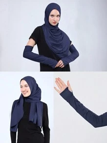2 件套运动纯色围巾女式头巾带手套女士大号纯色长款伊斯兰速效头巾阿拉伯围巾头巾蝴蝶网布透气冰冷感冬季秋季 - 藏蓝色 - 查看 2