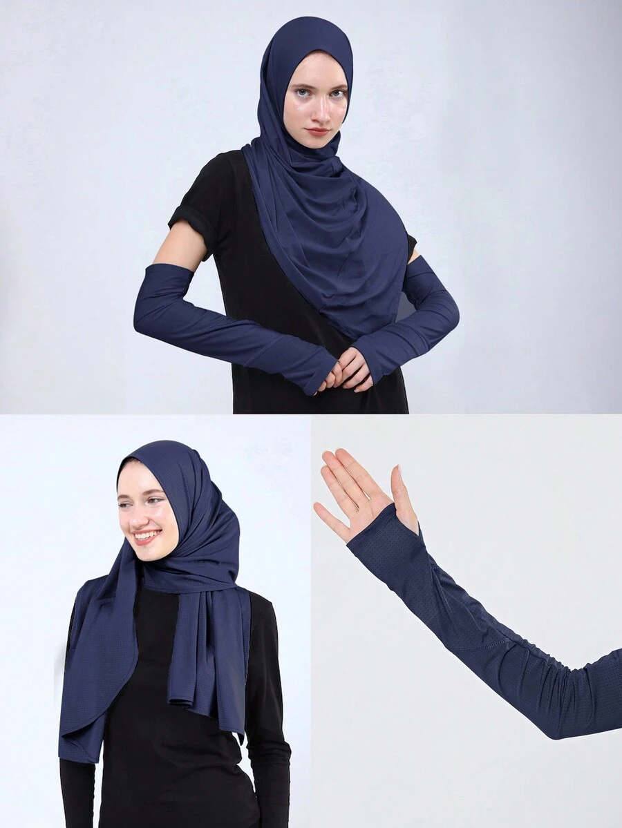 2 件套运动纯色围巾女式头巾带手套女士大号纯色长款伊斯兰速效头巾阿拉伯围巾头巾蝴蝶网布透气冰冷感冬季秋季