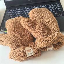 1pair Ladies' Winter Warm Bear Gloves, Cute Plush Bear Hanging Neck Gloves, Outdoor Cycling Thick Plush Anti Cold Gloves