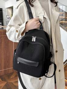女士休闲多拉链袋灯芯绒背包，两种携带方式，方便工作、购物和旅行 - 黑色 - 查看 5