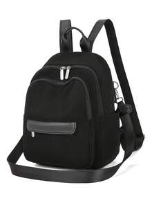 女士休闲多拉链袋灯芯绒背包，两种携带方式，方便工作、购物和旅行 - 黑色 - 查看 1