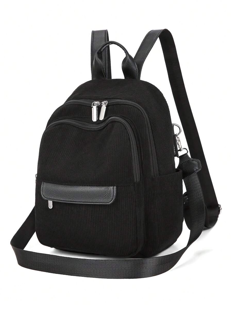 女士休闲多拉链袋灯芯绒背包，两种携带方式，方便工作、购物和旅行 - 黑色 - 查看 1