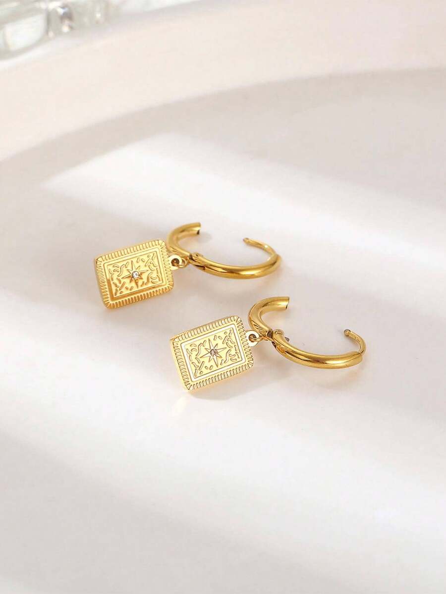 2 件简约八角星形吊坠耳环，时尚方形吊坠耳环适合女性日常佩戴 - 金黃色 - 查看 1