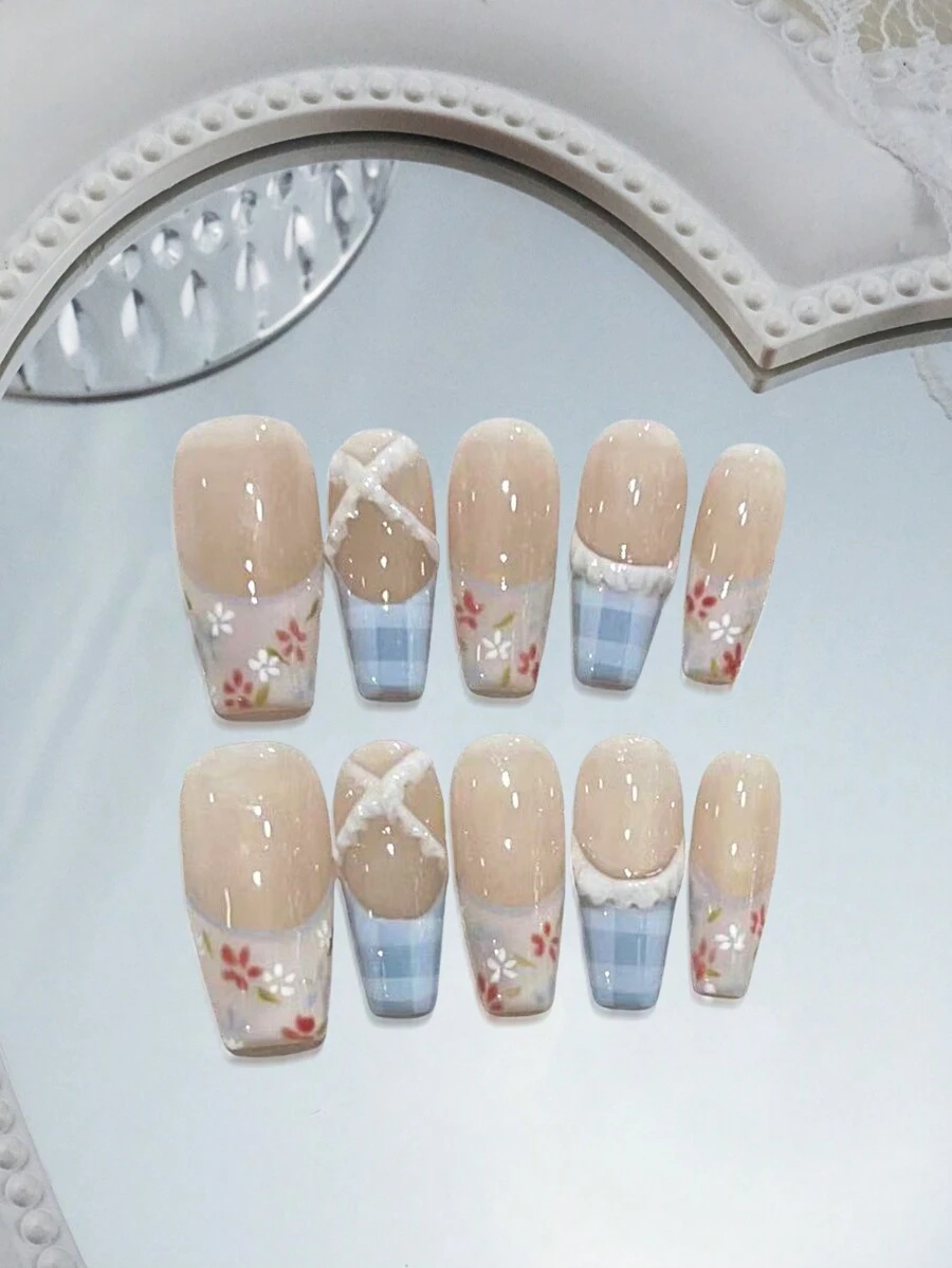10 件长梯形石膏手绘花格子法式指甲贴，甜美别致，营造氛围，手工制作，适合日常佩戴 - 彩色 - 查看 1