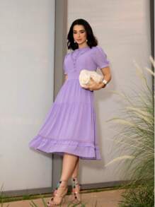 Elegant Chiffon Midi Dress With Elastic Waist Evangelical Fashion - 紫丁香色 - 查看 1