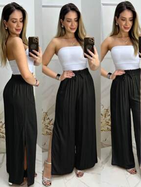 Calça pantalona feminina com forro com fenda