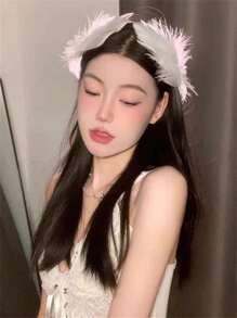 2 件女士优雅甜美人造白色羽毛和珍珠发夹，派对发饰侧刘海夹爪夹发夹发夹 - 白色 - 查看 1