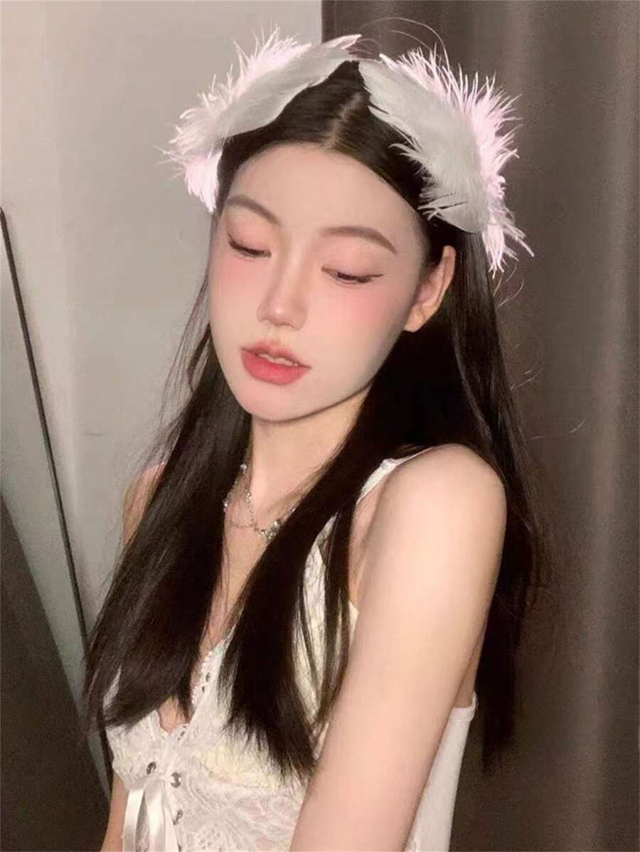 2 件女士优雅甜美人造白色羽毛和珍珠发夹，派对发饰侧刘海夹爪夹发夹发夹 - 白色 - 查看 1