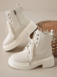 Giày bốt cổ ngắn thời trang nữ, giày thường ngày ngoài trời đa năng, thoải mái, phong cách Hàn Quốc mới có khóa kéo buộc dây - trắng - Xem 2