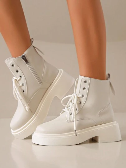 Women's Fashion Short Ankle Boots, Comfortable Korean Style New Zipper Lace-Up Versatile Outdoor Casual Shoes