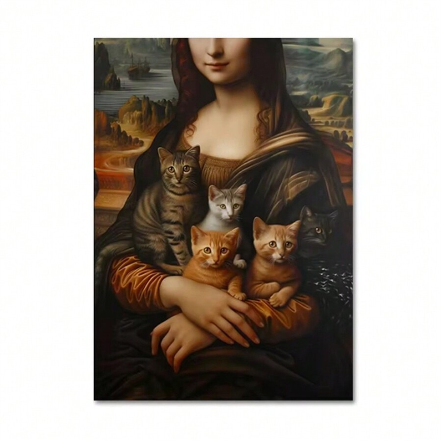 1pc Funny Smiling Mona Lisa With Cute Cats Posters Prints Canvas