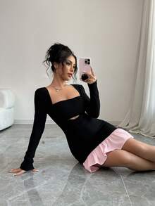 abyoxi Bộ đồ hai mảnh màu đen và hồng gợi cảm cổ chữ V sâu tay dài ôm vừa vặn viền bèo nhún và áo ống đen, đơn giản, nóng bỏng, thời trang, hẹn hò, tiệc tùng, quần áo nữ mới mùa thu đông - màu đen - Xem 6