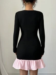 abyoxi Bộ đồ hai mảnh màu đen và hồng gợi cảm cổ chữ V sâu tay dài ôm vừa vặn viền bèo nhún và áo ống đen, đơn giản, nóng bỏng, thời trang, hẹn hò, tiệc tùng, quần áo nữ mới mùa thu đông - màu đen - Xem 2