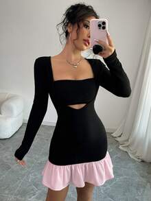 abyoxi Bộ đồ hai mảnh màu đen và hồng gợi cảm cổ chữ V sâu tay dài ôm vừa vặn viền bèo nhún và áo ống đen, đơn giản, nóng bỏng, thời trang, hẹn hò, tiệc tùng, quần áo nữ mới mùa thu đông - màu đen - Xem 5