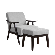 Accent Chair With Ottoman, Upholstered Mid Century Chair And Footrest, Solid Wood Arm Chair, Living Room Chairs And Ottoman Set, Grey