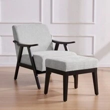 Accent Chair With Ottoman, Upholstered Mid Century Chair And Footrest, Solid Wood Arm Chair, Living Room Chairs And Ottoman Set, Grey