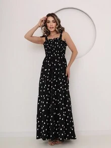 LONG DRESS WITH PRINT AND ELASTIC - màu đen - Xem 2