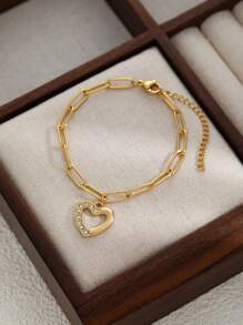 1 pieza Cadena de perlas con cristales de Rhinestone en forma de corazón, cadena retorcida, cadena "Volver a la vida", cadena lisa minimalista, pulsera de brazalete, diseño elegante y delicado de moda retro, adecuado para vacaciones, fiestas, citas, regalos, uso diario - Amarillo Oro - Ver 8