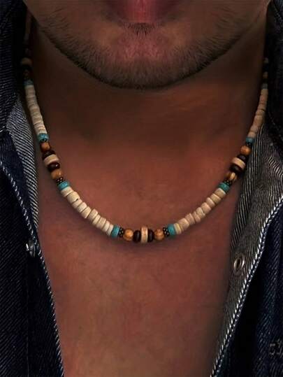 Colar masculino estilo boêmio de verão com coco branco e surfista, joia, colar vintage com contas de madeira (contas de vidro em cores aleatórias)