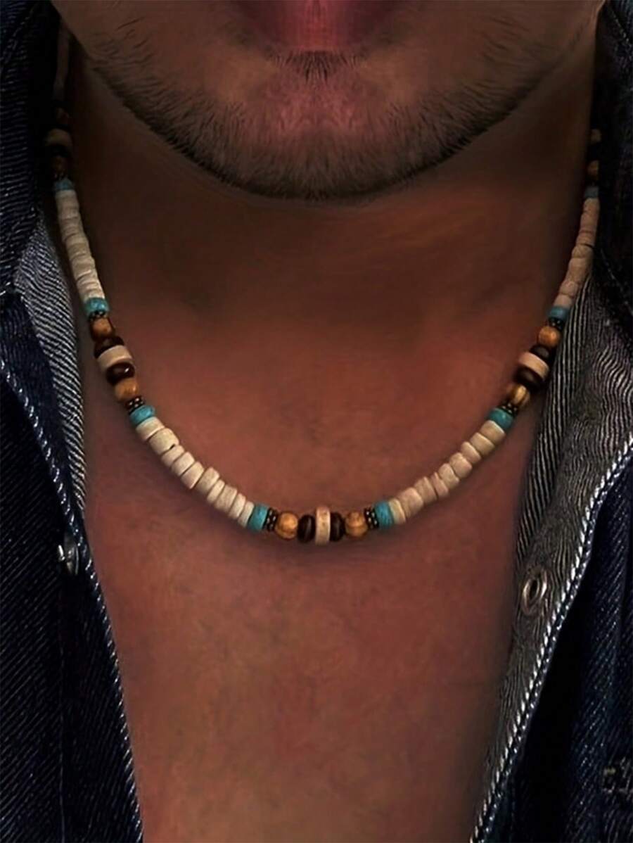 1pc Summer Bohemia White Coconut Surfer Necklace For Men, Jewelry, Vintage Wooden Beads Necklace For Men(Glass Beads Come In Random Colors)