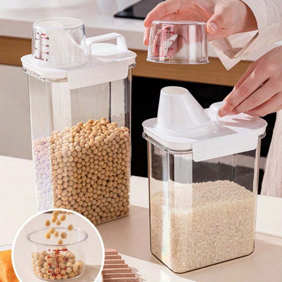 1pc Sealed Storage Container With Handle, Grain, Flour Box. Pet Dog Cat Food Dispenser With Measuring Cup, Transparent Plastic Kitchen & Food Storage Canister For Sugar, Pasta, Grains, Cereals - 無色 - 查看 1