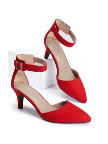 Women's Kitten Heel Pumps Low Heel Closed Pointed Toe Ankle Strap Fashionable Sexy Wedding Party Dress Shoes - 紅色/麂皮 - 查看 2