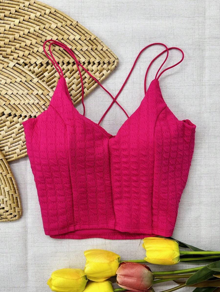 Bubble Cropped Top With Padding - 玫紅色 - 查看 1