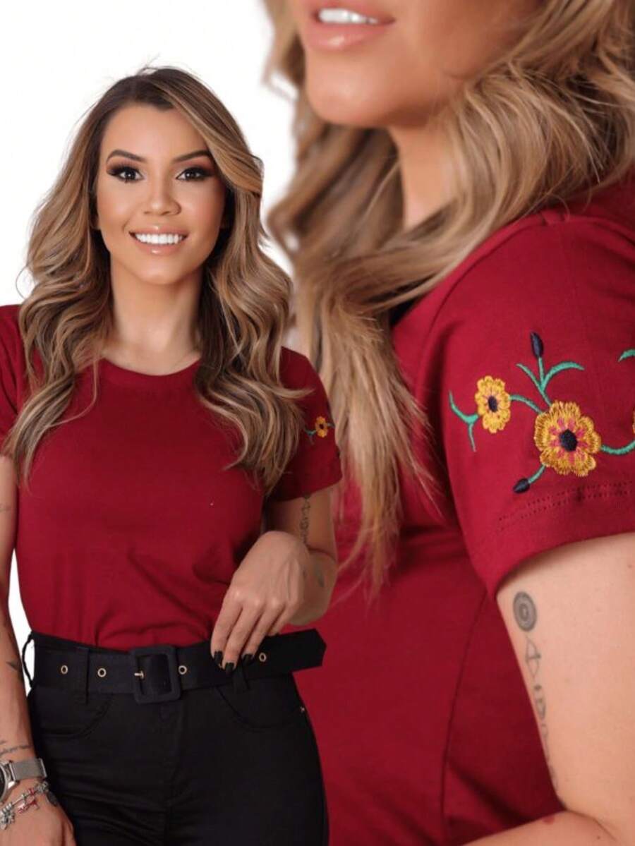 Women's T-Shirt Embroidered Flowers 100% Cotton Shirt Premium Mesh - 紫紅色 - 查看 1