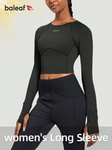 baleaf Áo crop top dài tay tập luyện thể thao cho nữ Áo chạy bộ dáng ôm vừa vặn (Chúng tôi khuyên bạn nên chọn lớn hơn một cỡ, phù hợp cho dịp tập chạy) - màu đen - Xem 1