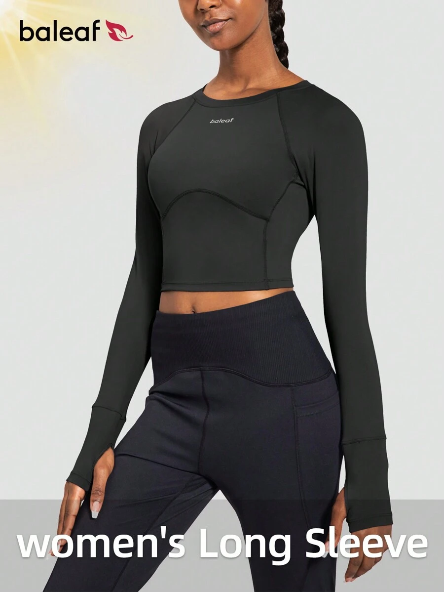 baleaf Áo crop top dài tay tập luyện thể thao cho nữ Áo chạy bộ dáng ôm vừa vặn (Chúng tôi khuyên bạn nên chọn lớn hơn một cỡ, phù hợp cho dịp tập chạy) - màu đen - Xem 1