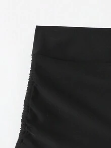 女士简约纯色抽绳褶皱平角比基尼泳裤，夏季海滩 - 黑色 - 查看 8